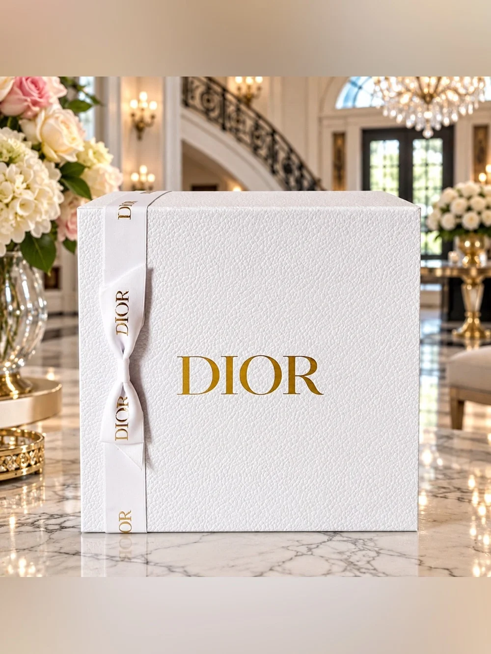 New Dior Medium Gift Box 9x9x4.5” + Bag + Drawstring Dust Bag White Ribbon